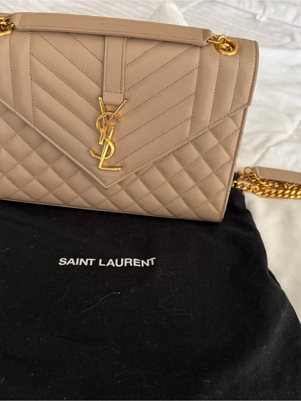 YSL Saint Laurent medium envelope bag, quilted grain dark beige